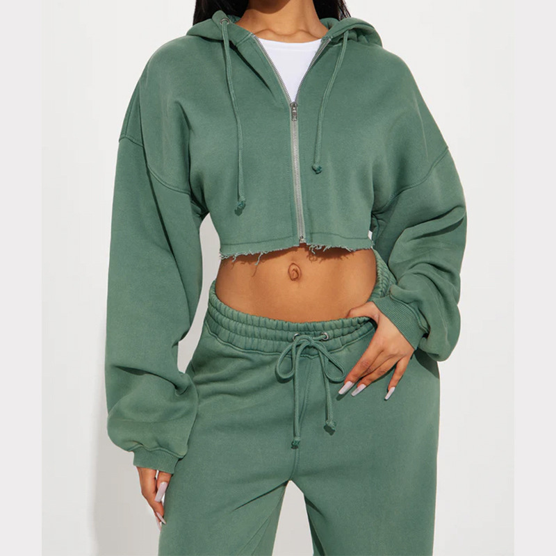 Vêtements pour femmes automne femmes décontracté à capuche devant zip pull jambe large pantalon ample costume_voghion.com