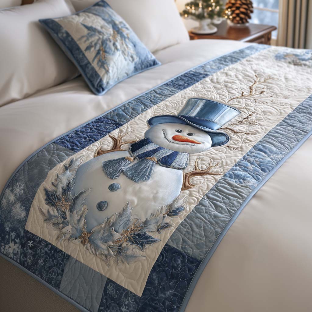 Exclusive cross-border supply of blue-toned winter snowman pattern quilted bed runner, digitally printed, suitable for all seasons, direct from the manufacturer