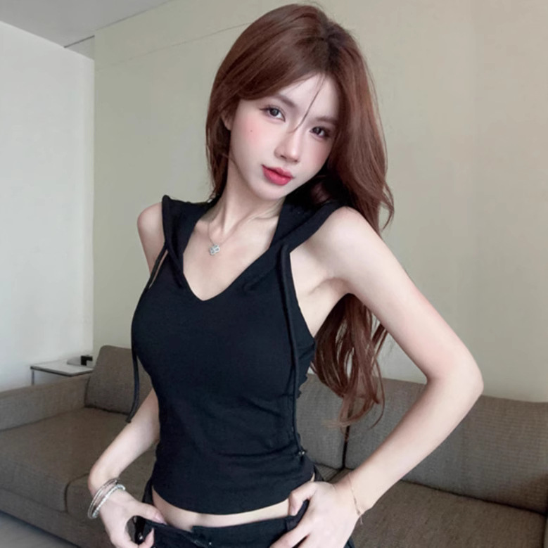 Sweet Sexy Halterneck Sleeveless V Neck Camisole Women's Outer Wear Backless Sexy Inner Short Hooded T-Shirt Top