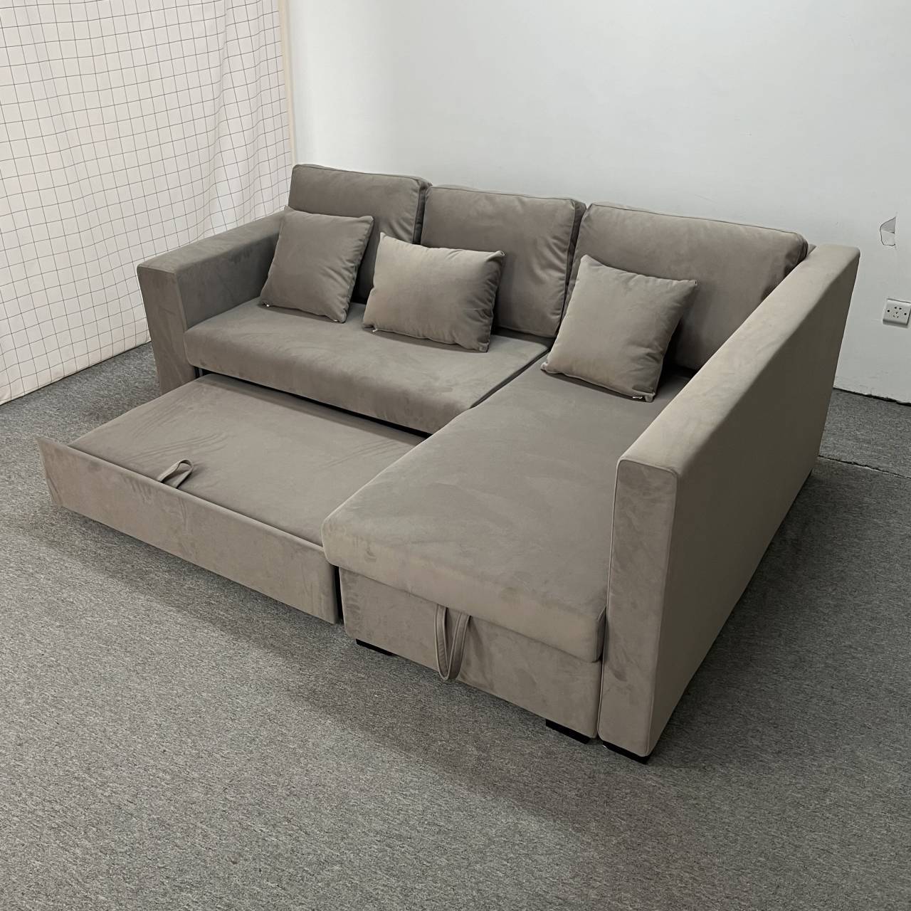 Combinación de sofá de esquina de sala de estar tipo casa pequeña con tela de tecnología sin lavado y almacenamiento