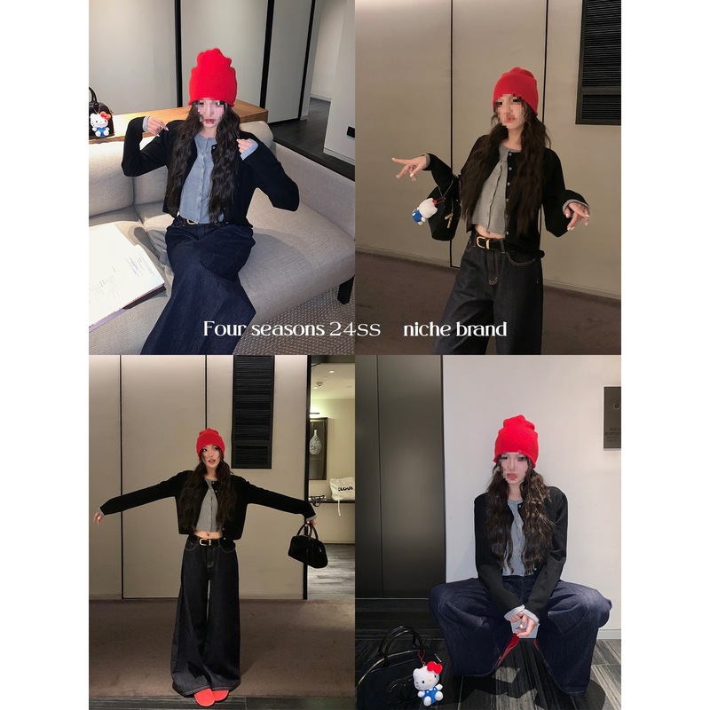 区区欧阳撞色假两件针织衫女秋季慵懒风毛衣软糯开衫复古长袖上衣|undefined