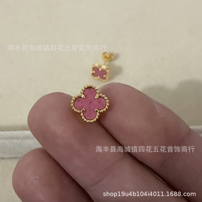 高版四叶草mini耳钉天然贝母厚金电镀 18K玫瑰金厂家直销直播批发|undefined
