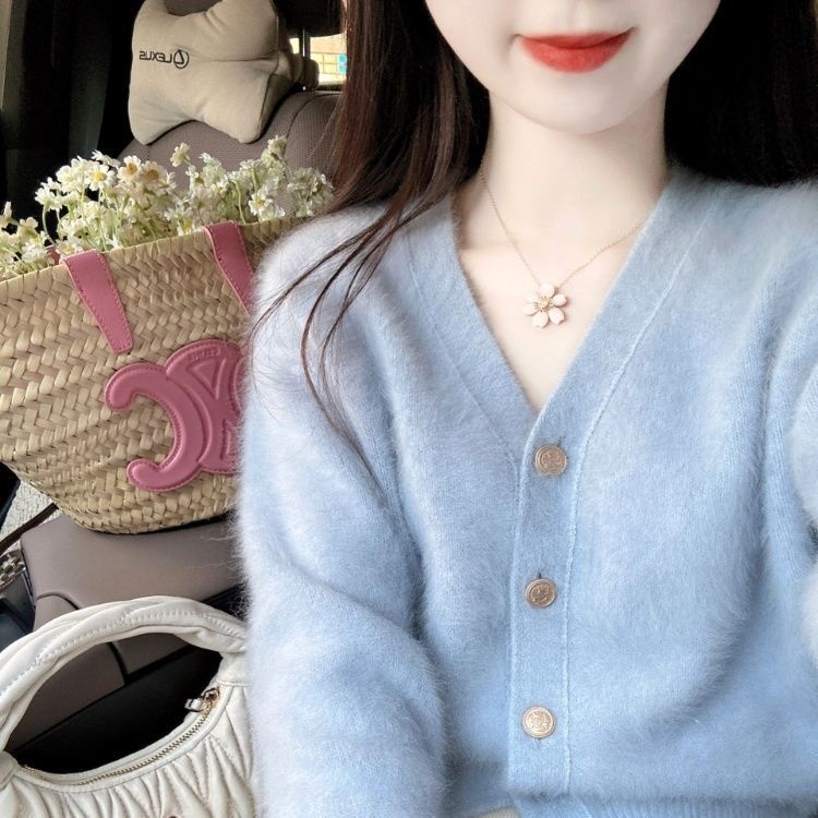 休闲百搭宽松法式复古奶蓝色V领毛衣女秋冬开衫外套新款上衣|undefined