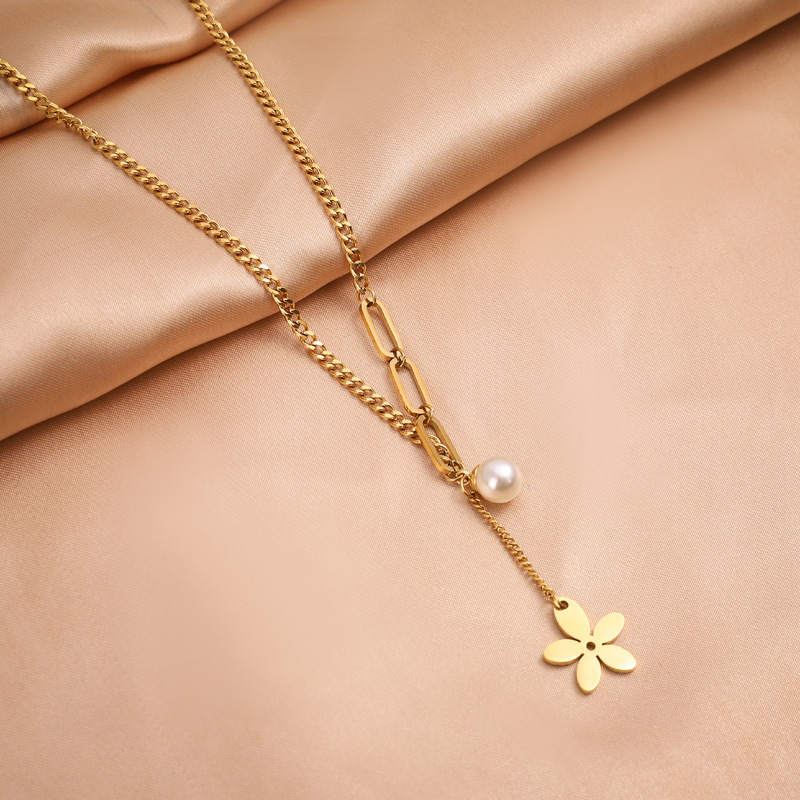 Retro Flower Titanium Steel Inlay Artificial Pearls Necklace Colorza_colorza_4