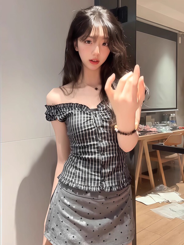韓国純粋な欲望黒と白のチェック柄ワンショルダーツーウェアオフショルダーシャツベスト女性の夏多用途甘いホットガールスリムトップ|undefined