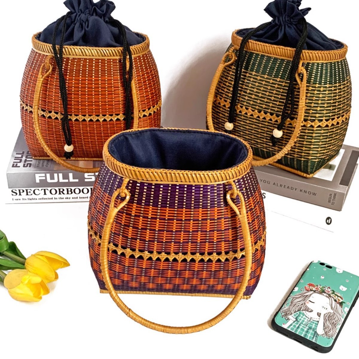 Exquisitely woven bamboo bag/basket, vintage-style bamboo handbag, retro folk-inspired bamboo basket, Dai ethnic bag, small basket to give as a gift to daughter.