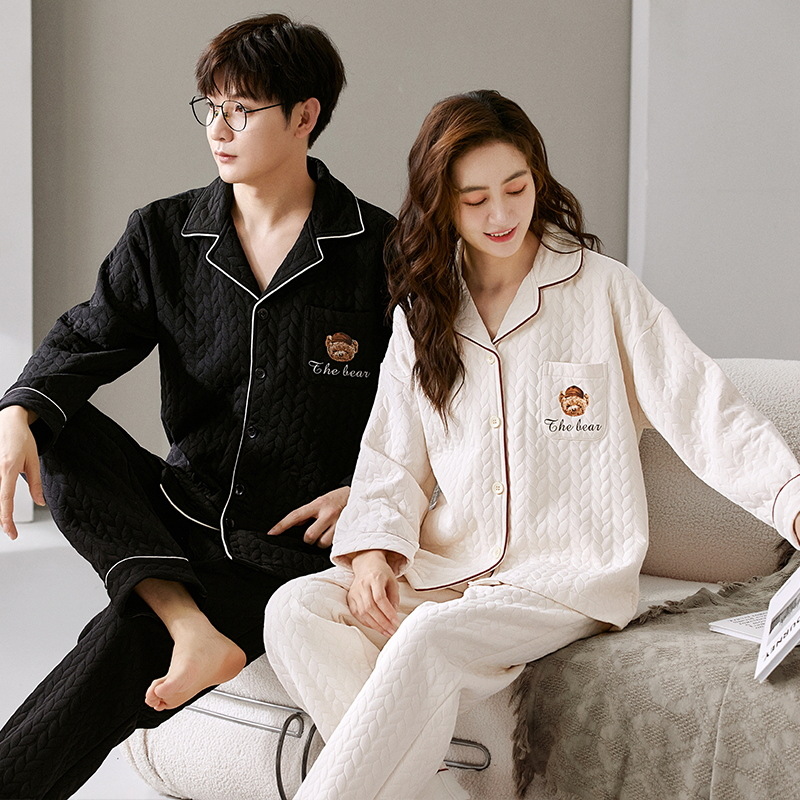 Nuevo aire sándwich de algodón pijamas de las mujeres del otoño y el invierno engrosado cálido coreano lindo de la historieta de los hombres desgaste del hogar traje