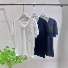 BC刺绣夏季时尚洋气百搭小V亮片领短袖气质女士上衣时尚针织衫