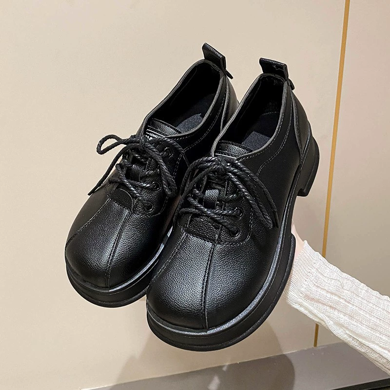 Мокасины, женская обувь, 2023, Весенняя новая маленькая кожаная обувь на плоской подошве с круглым носком, Женская обувь в стиле ретро с большим носком