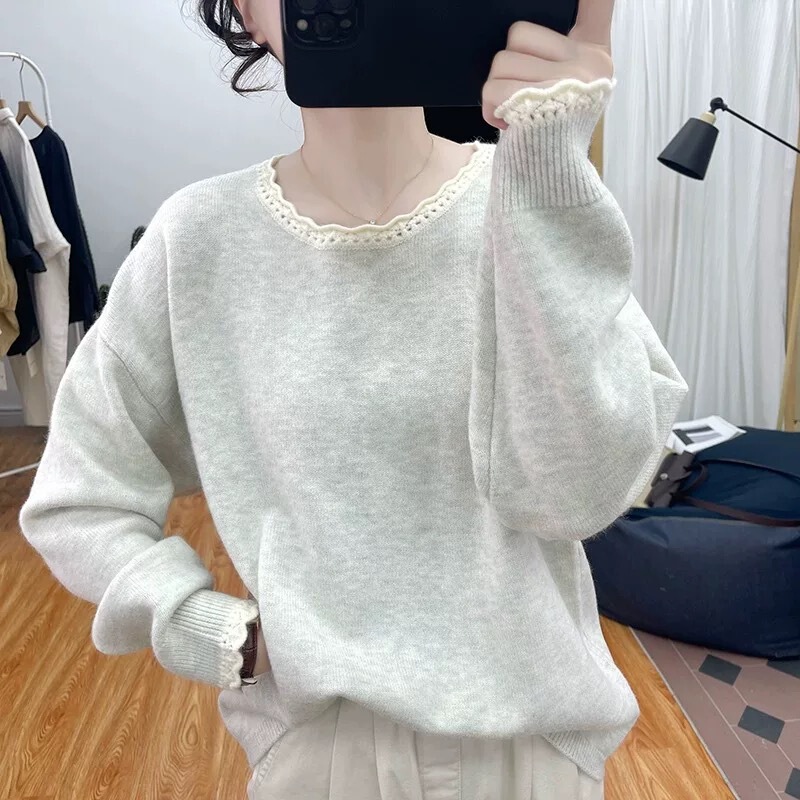 花边领圆领套头针织衫女装春季大码胖mm宽松减龄百搭打底毛衣上衣|undefined