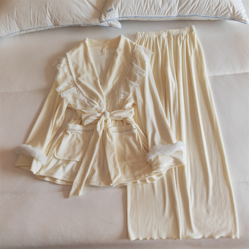 Island Velvet Pajamas for Women in Autumn and Winter Lace Long-Sleeved Pants Two-Piece Set Sweet Princess Style New Home Clothes