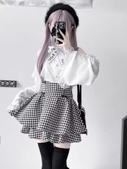 日系甜美少女风小个子露肩蕾丝边长袖衬衫高腰格子半身蓬蓬裙套装