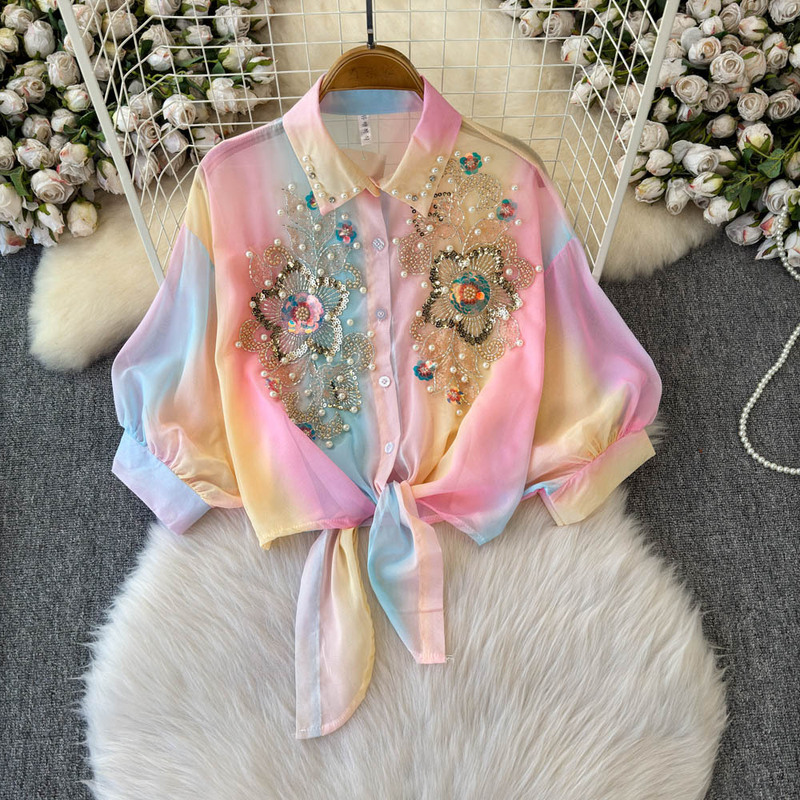 Rainbow-Colored Sun Protection Clothing for Women, Short Shirt with Bow Tie, Heavy Beading, Sequins, Floral Tie-Dye, Thin Shirt Rainbow-Colored Sun Protection Clothing for Women, Short Shirt with Bow Tie, Heavy Beading, Sequins, Floral Tie-Dye, Thin Shirt