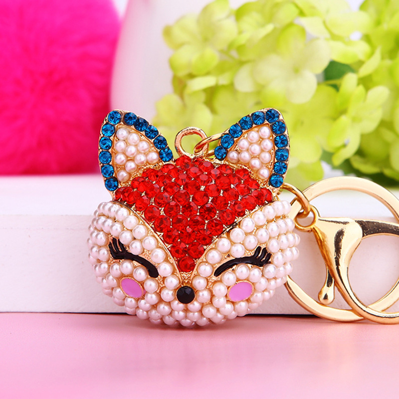Diamond-encrusted Fox head car keychain women's cute bag pendant metal key chain ring cross-border foreign trade Gifts Wholesale