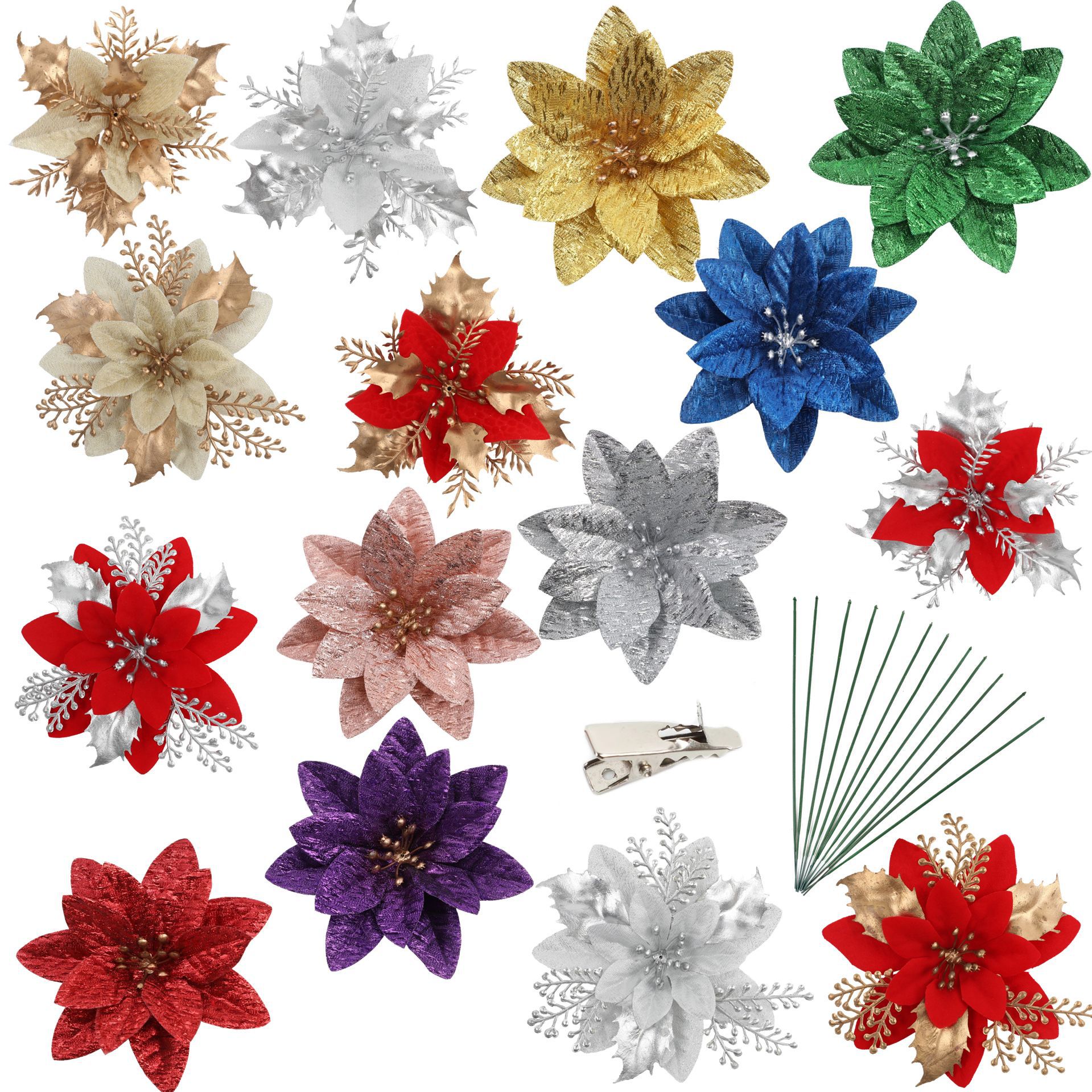 Honeysuckle Christmas Flower Artificial Flower Cross-Border Christmas Wreath Gold Powder Flower Decoration Flower Accessories Christmas Tree Ornaments Wholesale