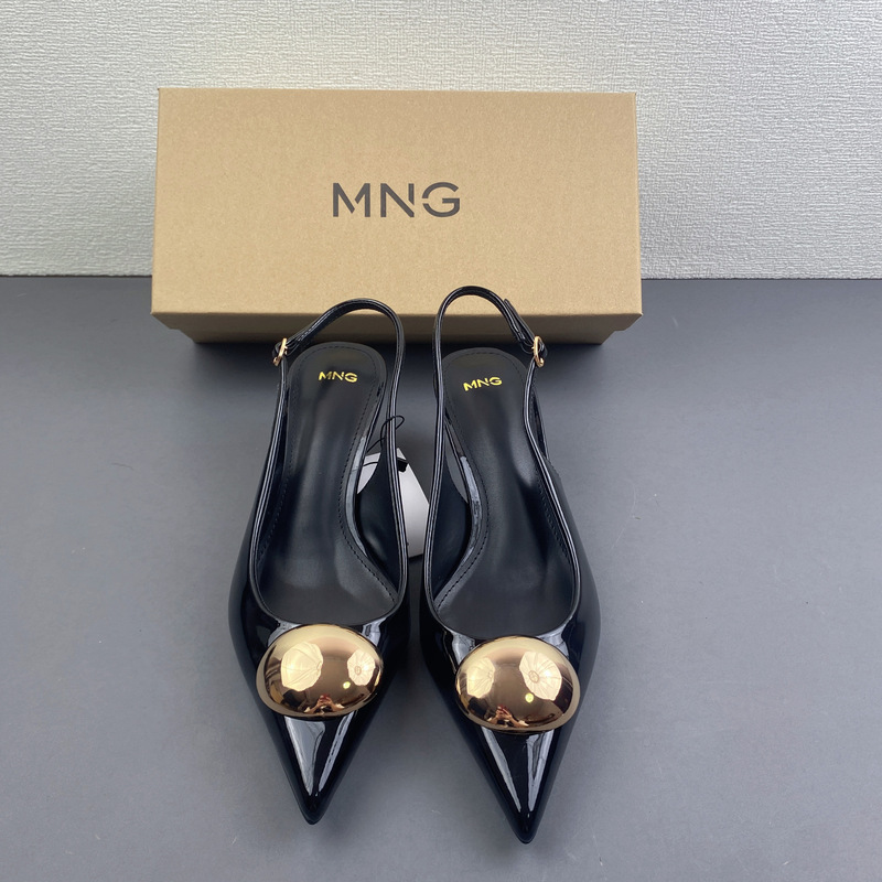 Mng Mango 2026 New Women's Shoes with Metal Buckle Decoration, Pointed Toe Mules, Open-Back High Heels, Patent Leather Flats