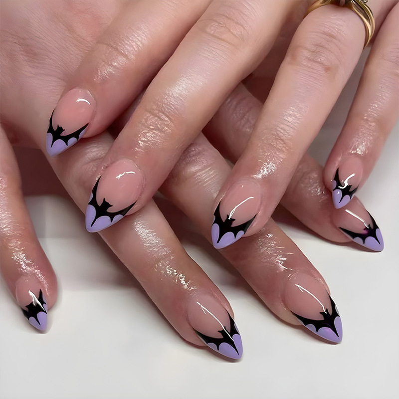 Nude Pink Light Purple Halloween Press-On Nails Bat Dark Pattern Nail Art Nail Tips Cross-Border Dark Trendy Nail Stickers