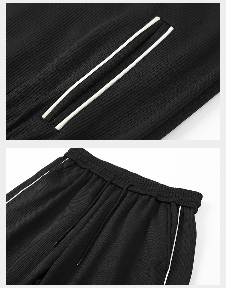 Completo casual da uomo alla moda con colletto alto, giacca, pantaloni a gamba larga, modello cardigan dal design ampio abbinato a pantaloni sportivi_voghion.com