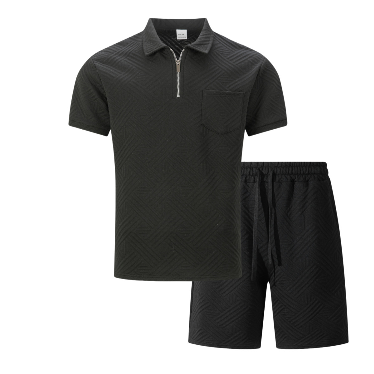 Zweiteiliges Herren-Set aus Waffelstrick, einfarbig, Sommer, Kurzarm, Shorts mit Tasche und Jacquard-Kragen._voghion.com