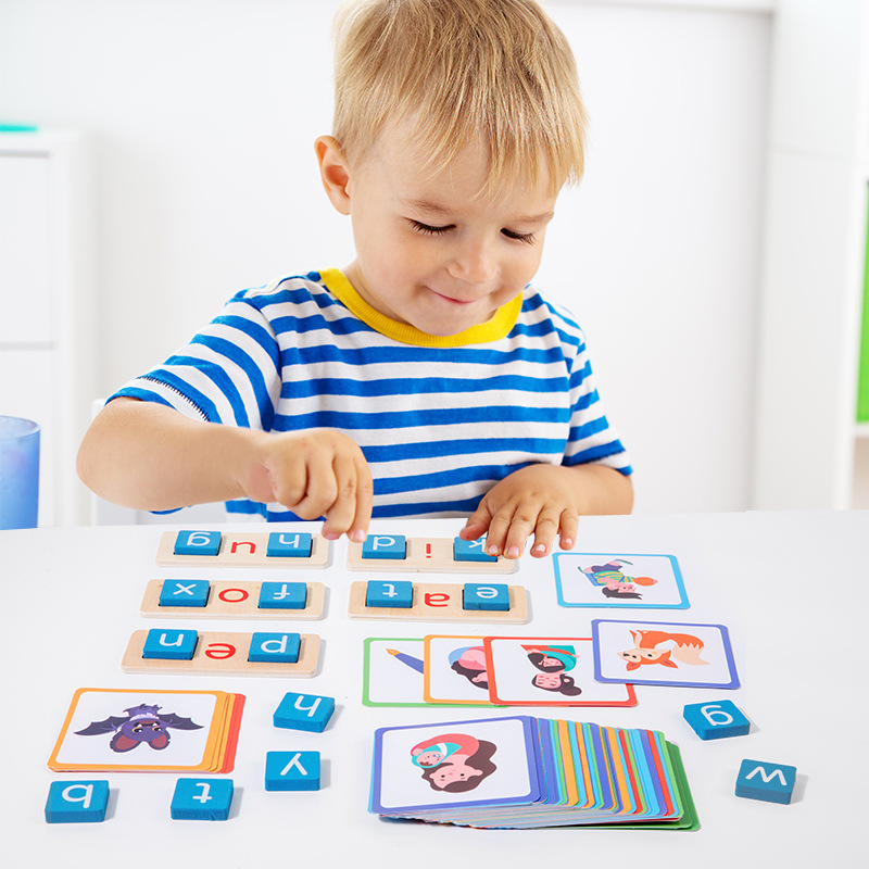 Educación temprana de madera para niños transfronterizos Carta de iluminación Bloques de construcción que coinciden con la palabra cognitiva rompecabezas juguetes educativos