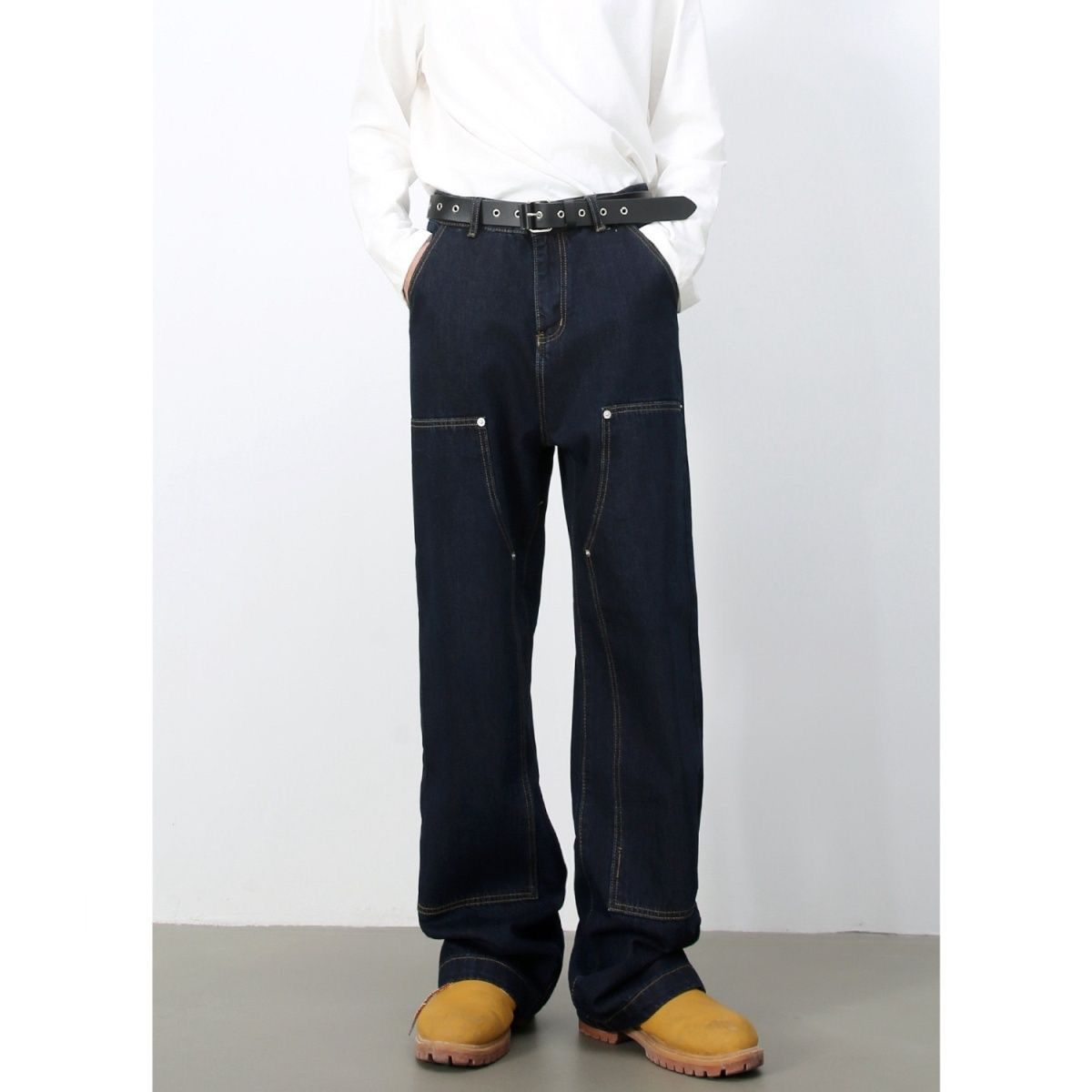 美式复古原色牛仔裤男女设计感小众痞帅伐木工装宽松休闲直筒裤子