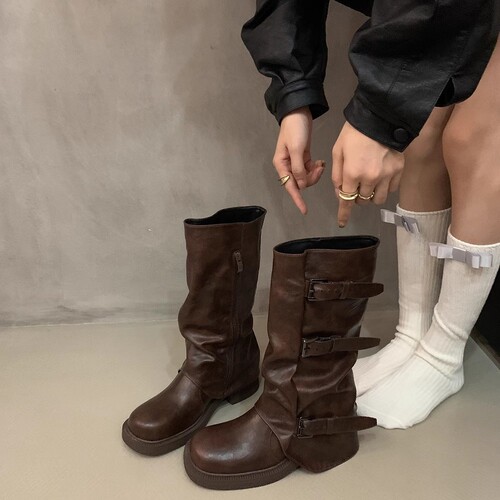 Stylish and Gorgeous Mid-Center Boots for Women, New Arrival Bestseller, Ultra-Hot Pile Leather Boots with Thick Heels, Brown Short Boots
