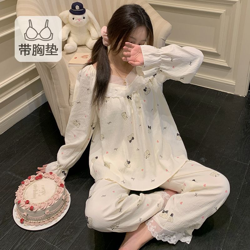 Al por mayor transfronterizo otoño nuevo algodón nubes cinturón cojín de pecho pijama de mujer dulce princesa manga larga set de ropa para el hogar