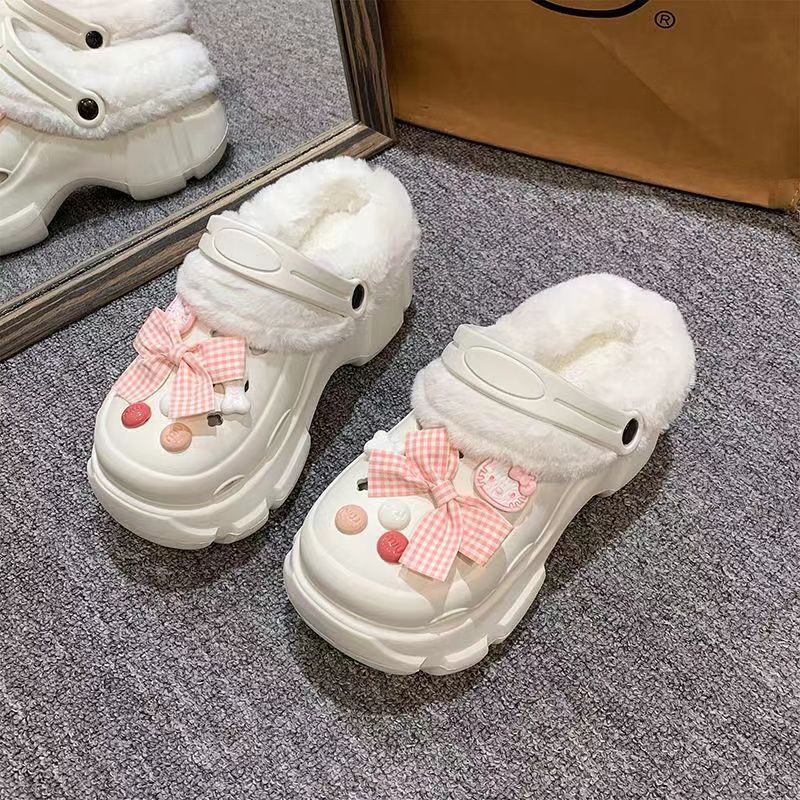 可爱卡通洞洞鞋女2025年冬季加绒保暖厚底防滑可拆卸外穿增高棉鞋|undefined