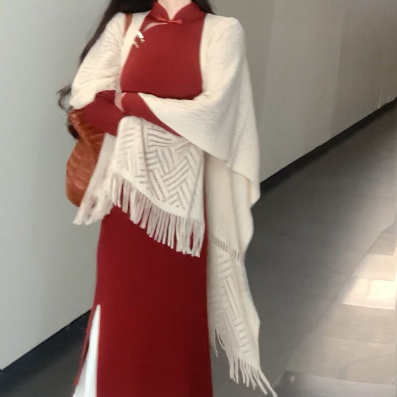 Spring and Autumn national style cheongsam shawl new Chinese style knitted tassel hollow out beige cardigan outer wear retro long women