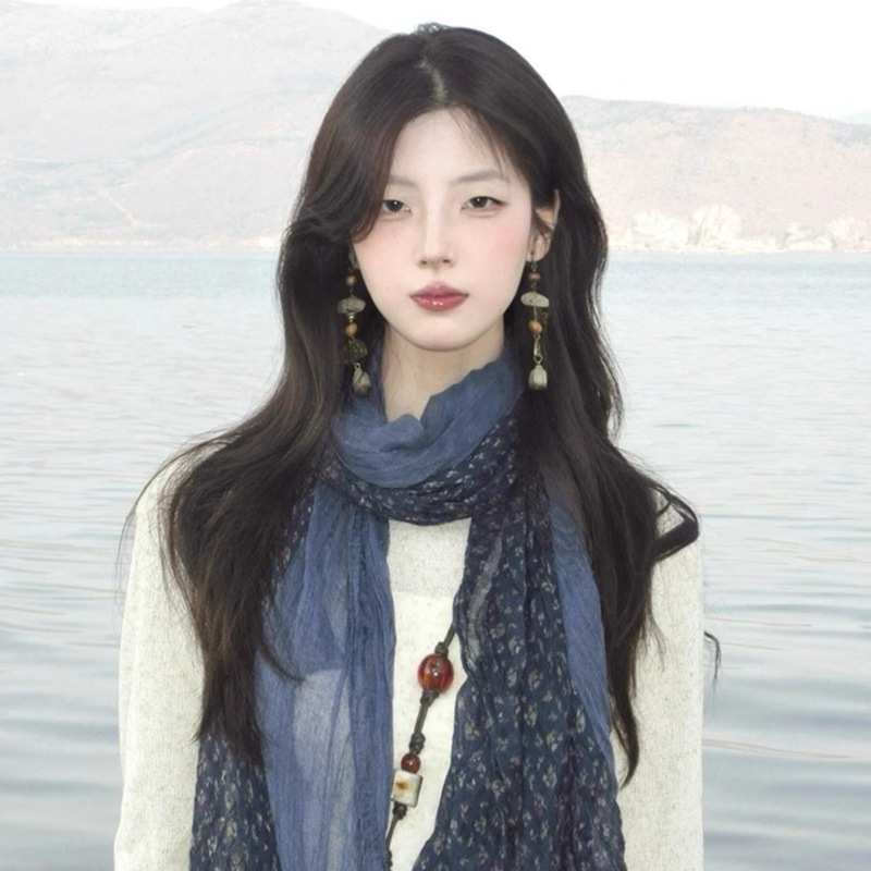 森系文艺复古藏蓝色碎花围巾女薄款褶皱棉麻长款丝巾披肩拍照配饰|undefined