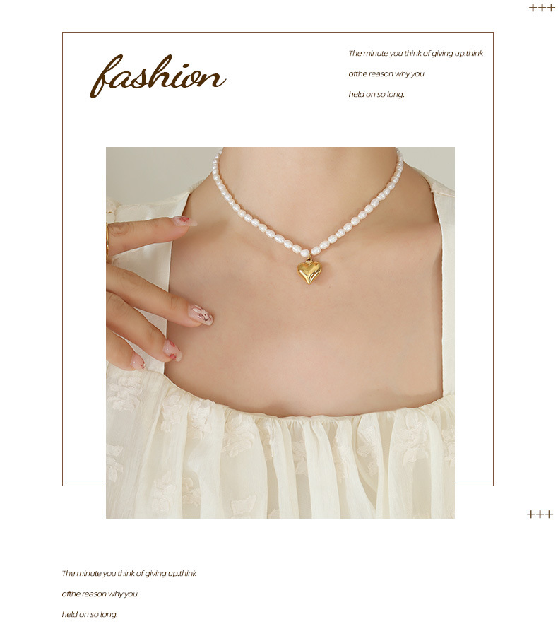 Fashion Heart Shape Titanium Steel Plating Artificial Pearls Pendant Necklace 1 Piece