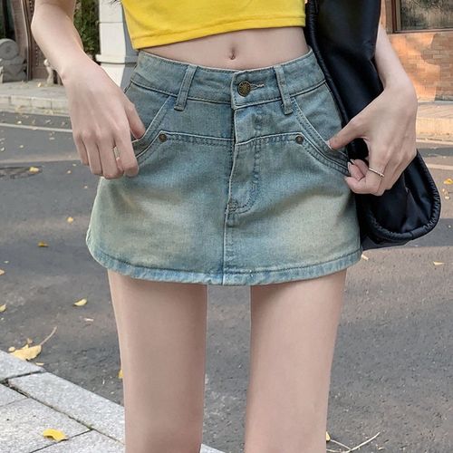 Light-colored retro denim half skirt women's spring anti-peep skirt pants dress high-waisted slimming skirt bag Zhao Zhi-Zheng