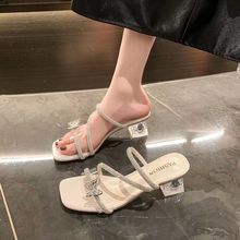 2024夏新款水钻蝴蝶结仙女风绝美高跟凉拖女外穿法式水晶粗跟拖鞋