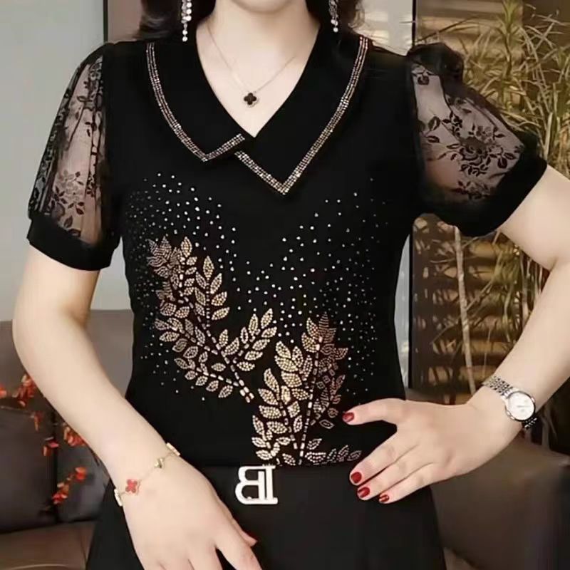 여름 신작 패셔너블한 라펠 반팔 티셔츠 중년 엄마들을 위한 단색 핫 다이아몬드 연령 감소 슬리밍 탑