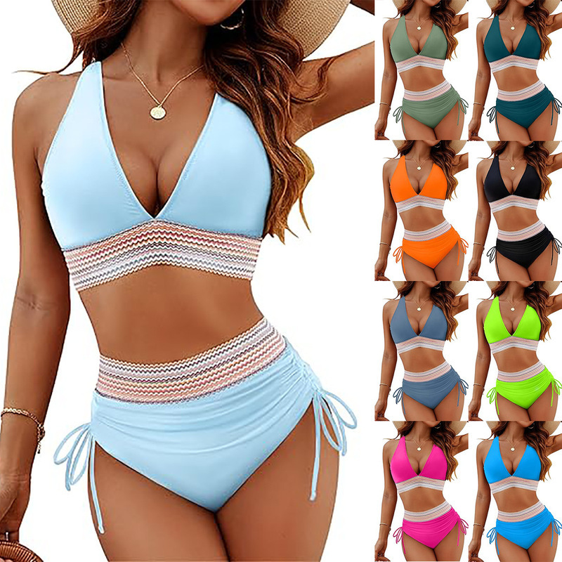 Amazon European and American New Tight Split Swimsuit Women Sexy Deep V High Waist Bikini Foreign Trade Explosions Swimwear