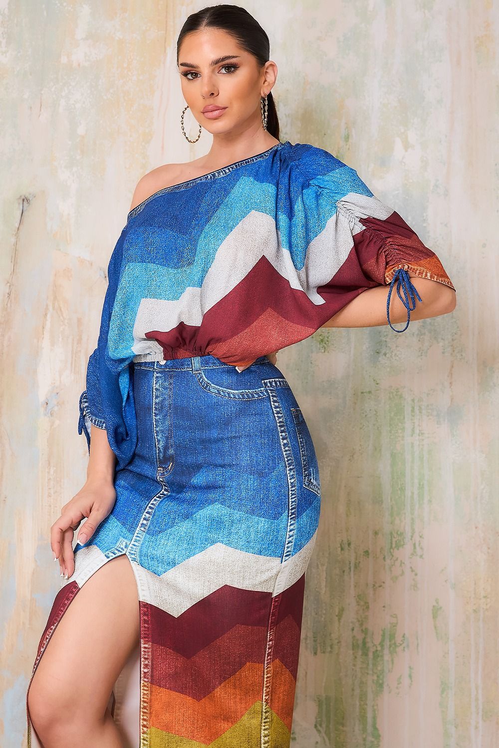 Off Neck Printed Batwing Sleeve Top Split Skirt Two Piece Set