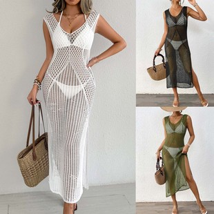 Women's Holiday Beach Skirt Cross-border European and American Women's Hollow-out Woven Shirt Vesel Skirt Long Skirt Sexy Split dress