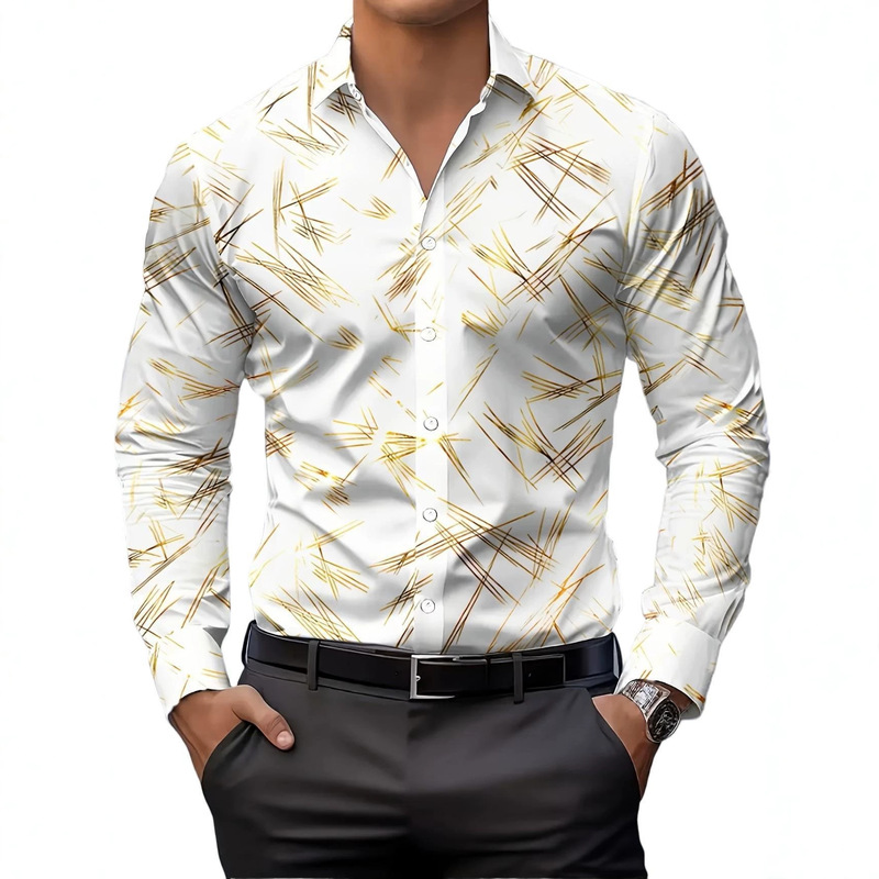 Men's long-sleeve shirt, spring and autumn style, with line patterns, business casual, cross-border bestseller, digital print men's shirt