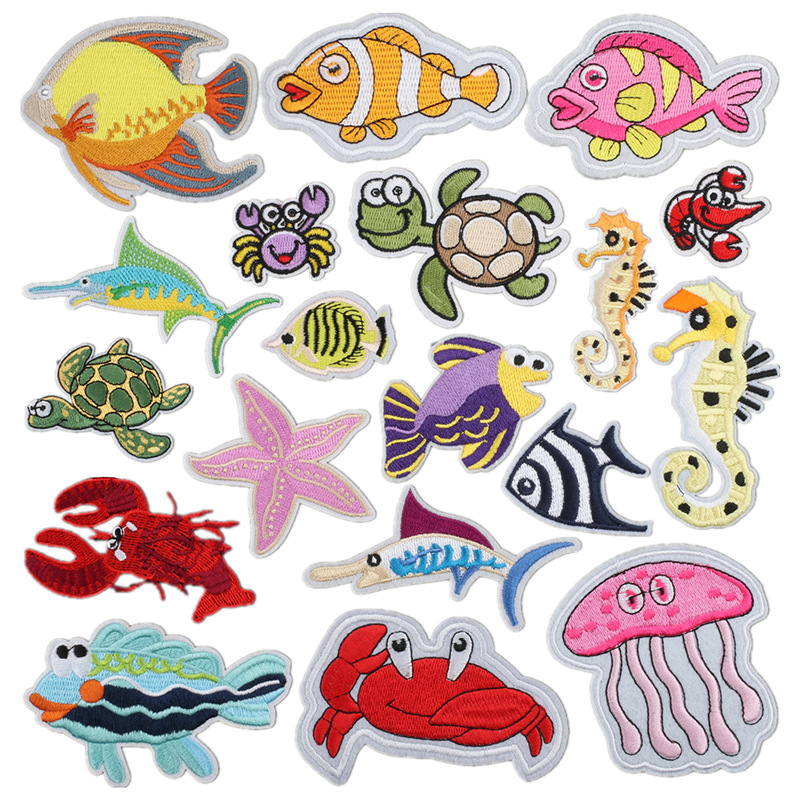 cartoon deep sea fish jellyfish starfish embroidery cloth sticker seahorse crab sea turtle embroidery hat sock clothing ironing