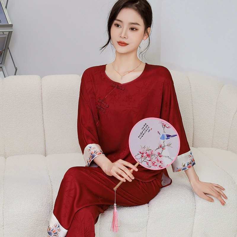达芬奇密码 Pijama, шелковый красный набор, домашняя одежда, топ с чашками, Китайский стиль