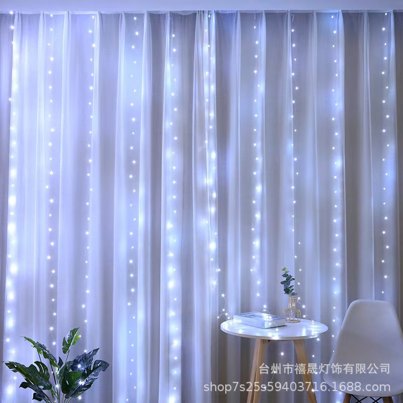 Solar LED cortina lámpara de alambre de cobre 3 * 3m ocho funciones de control remoto estrella iluminación decoración de navidad cadena de luces