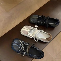 瀾盤-反逆バレエ風マジック貼りメアリージェーン靴女性は革をつなぎ合わせてカジュアルな靴2025春夏モデル