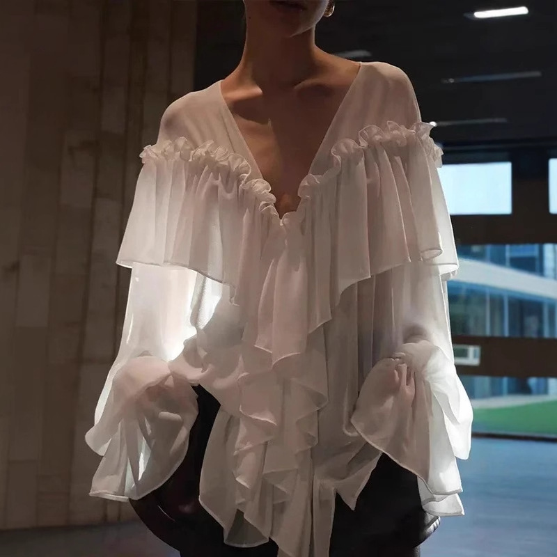 Amazon Foreign Trade 2025 Summer V-Neck Chiffon Shirt Sexy See-Through Beach Cover-Up Long-Sleeve Top Sexy Hot Girl Style