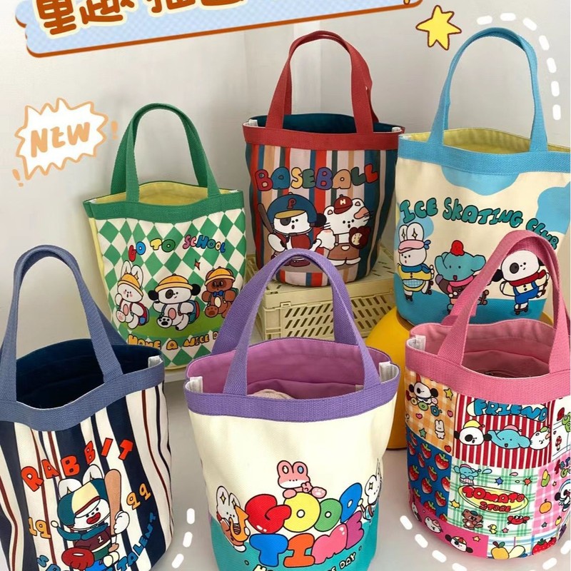可爱插画水桶手提韩风少女心妈咪便当袋上班小拎包童趣涂鸦帆布包|undefined