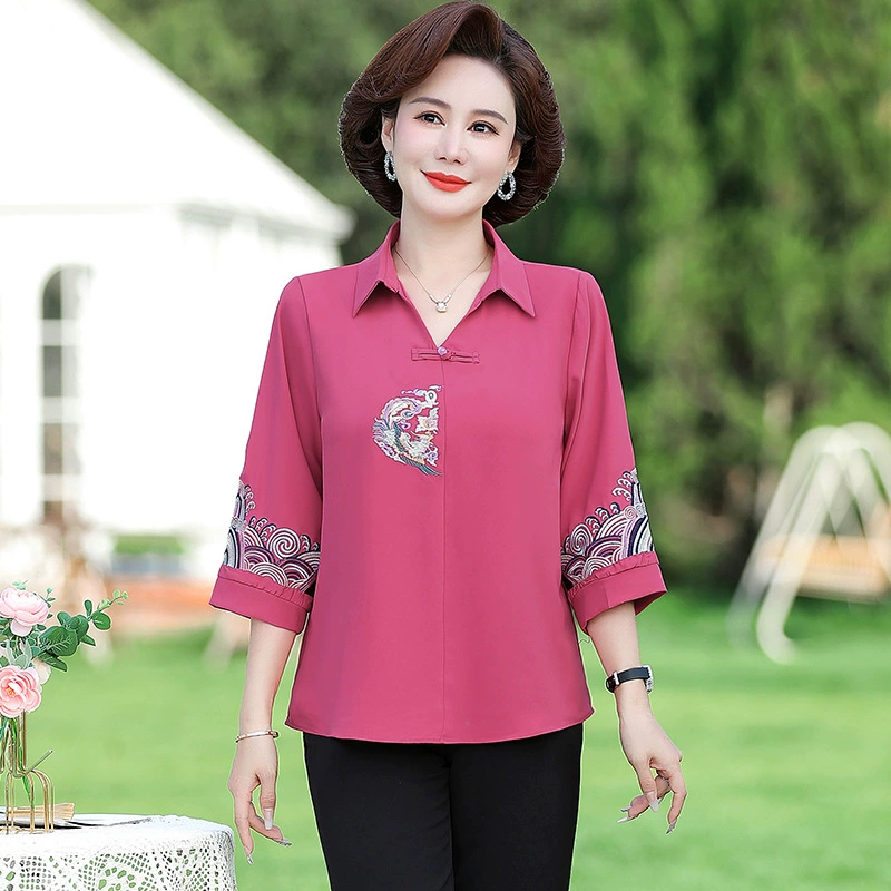 Мама летняя рубашка с рукавами и воротником футболка маленькая рубашка 2025 новая женская одежда среднего возраста тонкая вышитая нижняя рубашка