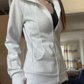 白灰色修身卫衣外套女春秋季穿搭正肩收腰紧身开衫连帽上衣服加绒