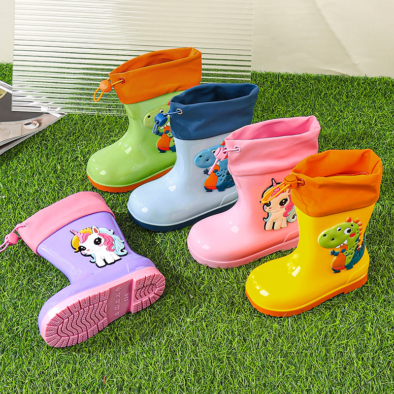 Cartoon Kidsren's Rain Boots with Drawstring, Baby Non-Slip and Wear-Resistant Rain Boots for Boys and Girls, Outdoor Soft-Soled Fleece-Lined Warm Water Shoes