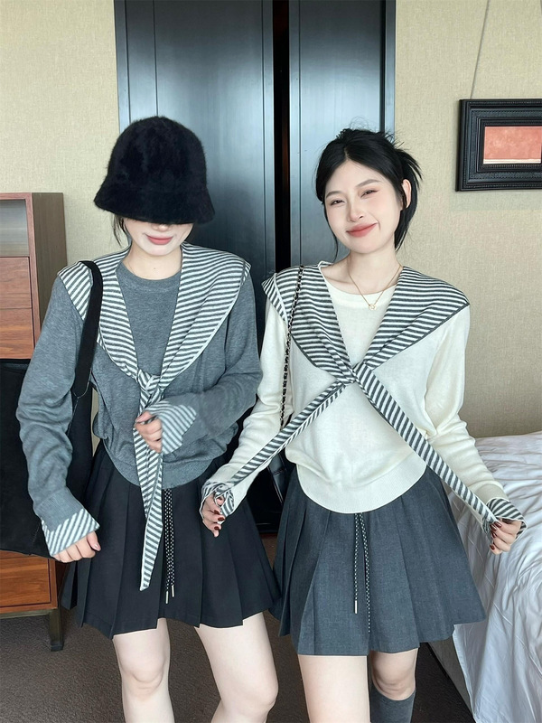 学院风灰色条纹披肩长袖针织衫女秋季韩系穿搭chic别致慵懒风上衣|undefined
