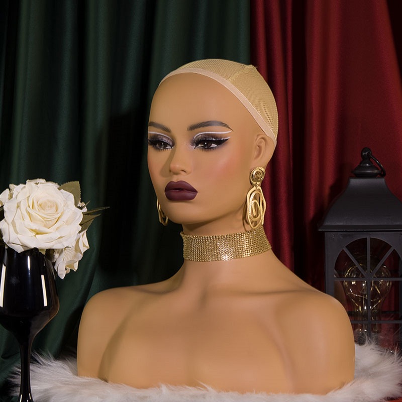 欧米の女性のかつらの頭の型のmannequin headの半身の両肩のPVCのモデルの特頭は展示の道具を撮影します。|undefined