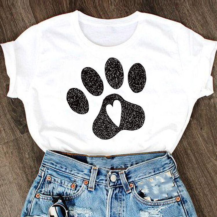 Graphic T-Claw Footprint Cat and Dog Funny Shirt Clothes Women's O-Collar Loose Women's New Summer Design Sense American Style Graphic T-Claw Footprint Cat and Dog Funny Shirt Clothes Women's O-Collar Loose Women's New Summer Design Sense American Style